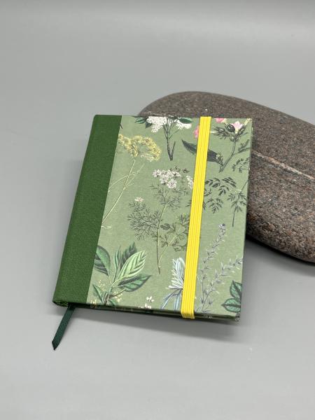 Buch Leinenrücken Blumen Gummiband handgebunden Notizen blau